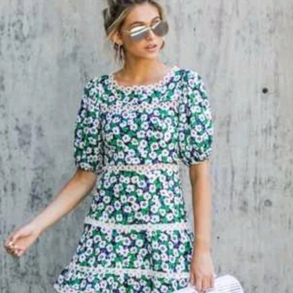 Olivaceous Dizzy Floral Dress Crochet Cut Outs Feminine Ruffle Bottom